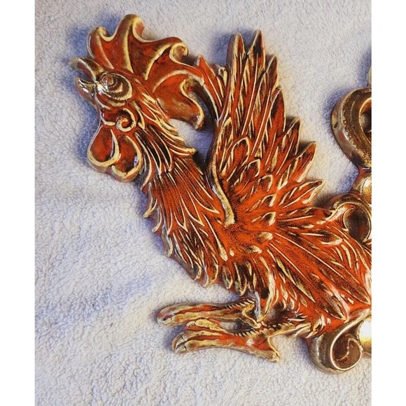 VTG MCM Plaster Fighting Rooster Wall Decor Plaster Plaque Red Gold Drip Glaze - Picture 5 of 9